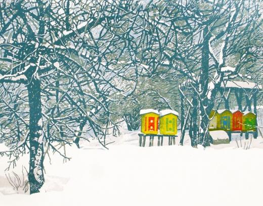 Miloš Sláma: Úly v zimě, linoryt 42 × 33 cm, 2012