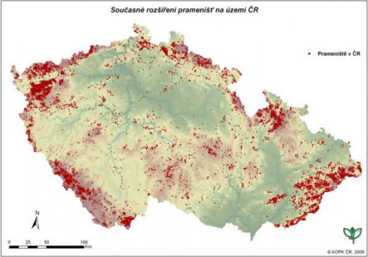Současné rozšíření pramenišť na území ČR.
