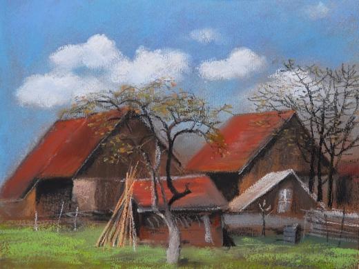 Milada Kollárová: Stodoly v Železném (pastel, 2012)